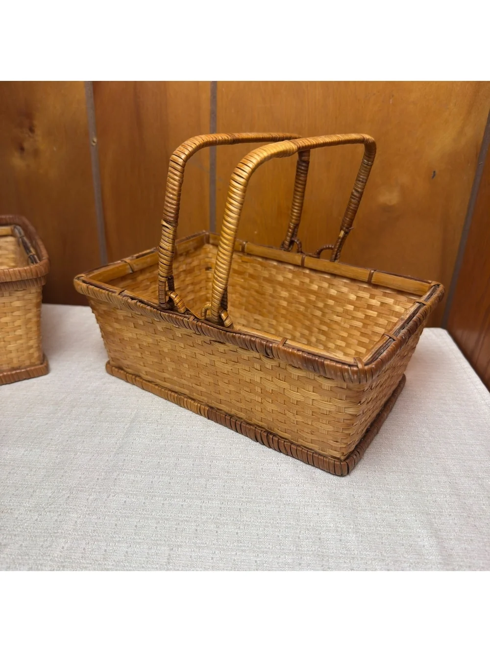 Vintage Woven Rattan Basket Rectangular Handled Storage Basket Boho Decor